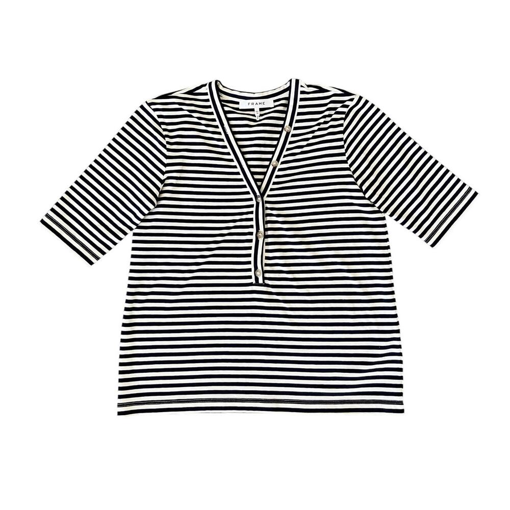 FRAME NWOT Stretch Cotton V-neck Striped Shirt Buttons Navy White SZ XS